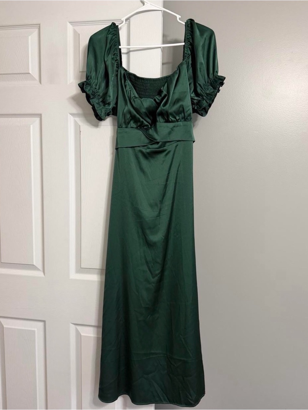 Cider Dark Green Satin Maxi Dress with Puff Sleeves